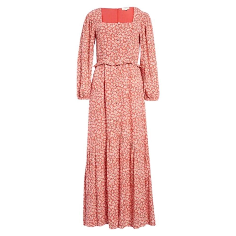 Lost + Wander Maxi Dress Long Sleeve Slit Red Orange White Floral S